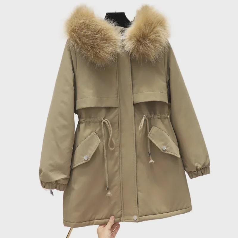 2024 Damen Mittel/Lang Kapuzenparka: Plus Samt, Verdickt, Taillenverstellbarer Arbeitsmantel