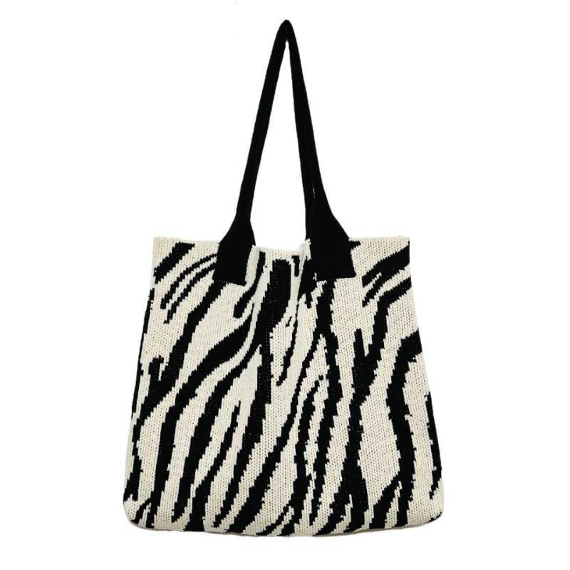 Trend Zebra Pattern Crochet Bag Large Capacity Women Handbag Shoulder Bag Simple Knitted Tote Bag for Teen Women Girls Bolsa