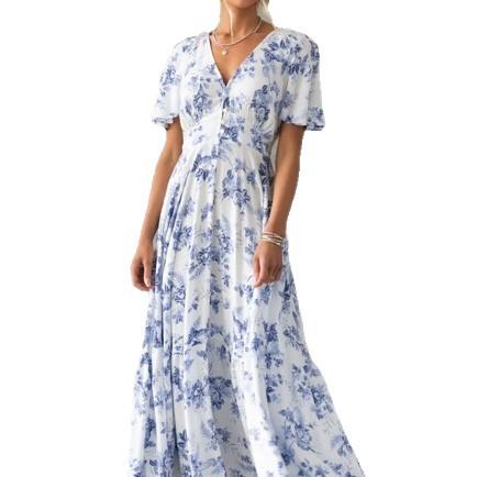 European and American New Large-size Women's Clothing for Printed Dresses, Short-sleeved Waist A-shaped Long Dresses for Women's French Retro