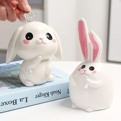 Cute Rabbits Ceramics Piggy Bank Creative Coin Money Storage Jar Creative Cute Girls Boys Birthday Gift Home Desktop Decoration