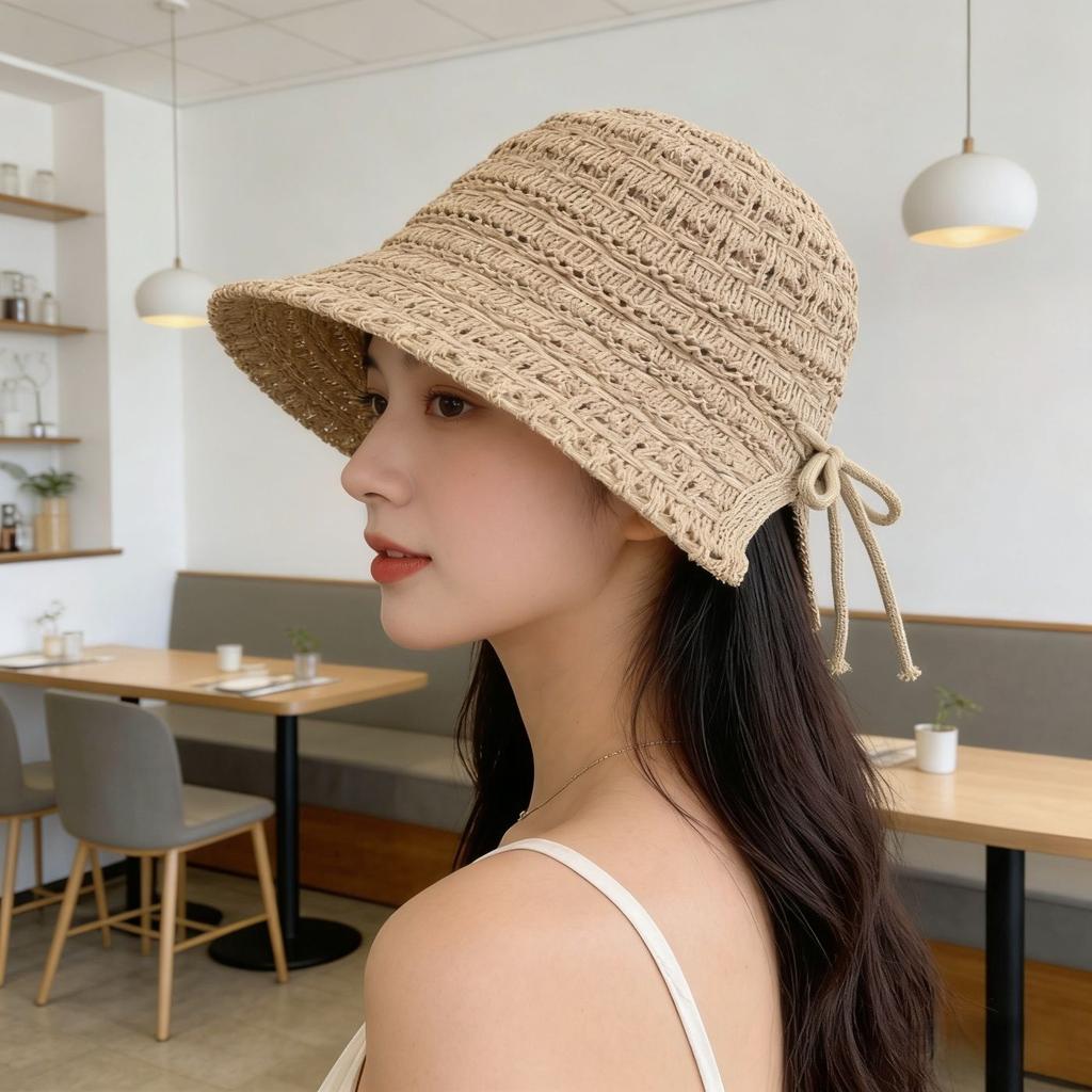 New bucket hat women's summer sunshade sunscreen straw woven basin hat versatile face small wide brim woven hat