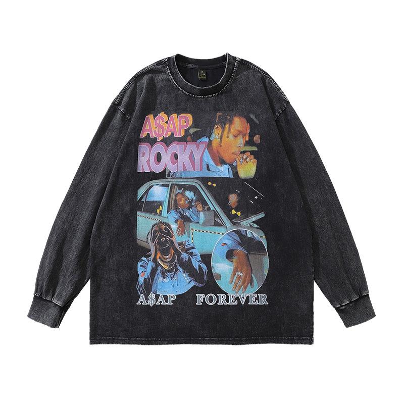 Harajuku Vintage Heavy Vintage Long-Sleeved T-Shirts For Men And Women, Japanese Streets, High Streets, Versatile Casual Base Tops