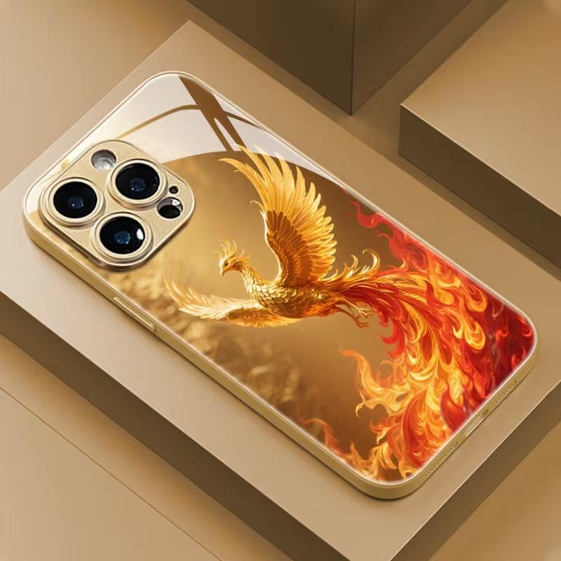 Golden Phoenix Flame Vintage Pattern Tempered Glass Phone Case For Samsung Galaxy S25 Ultra S24 S23 Plus S25 FE S23Ultra Cover