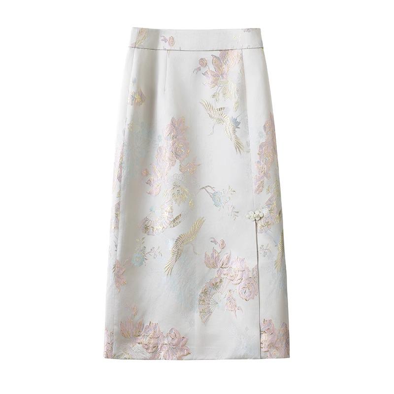 Spring 2025 Gold Silk Jacquard Midi Skirt: Chinese Style Bodycon for Women