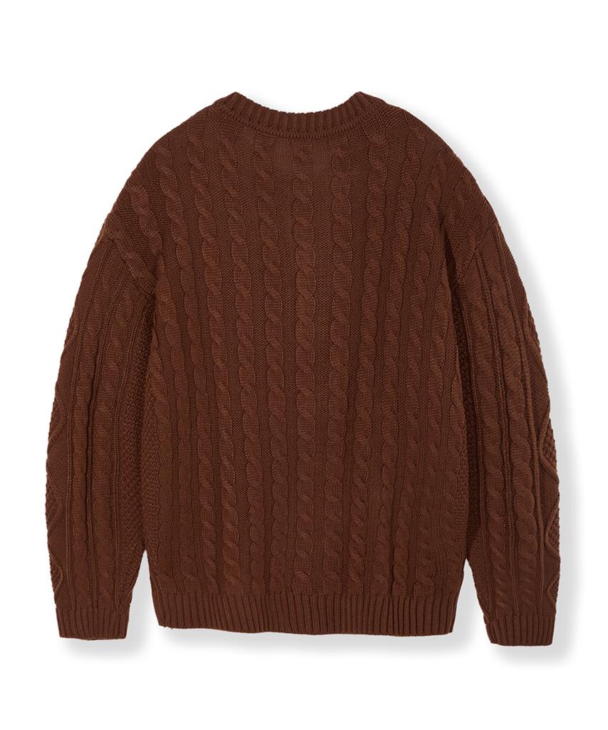 Nodu Fisherman Cable Round Neck Semi-Oversized Long Sleeve Knit Cable Knit Cardigan [Brown]