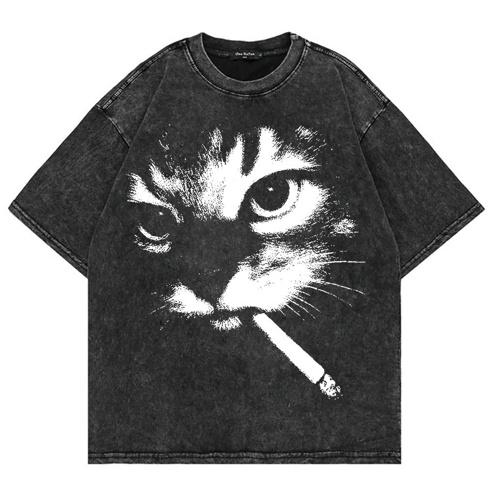 100% Cotton Vintage Washed Y2k Funny Smoking Cat T Shirt Fashion Men/Women Cool Cat Joke Oversize Loose Acid Wash Tees Shirts S