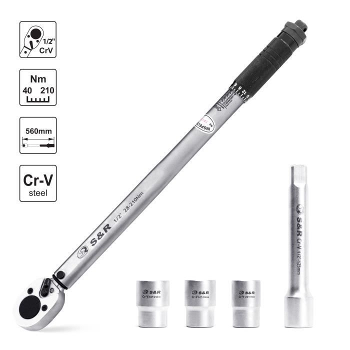 Clé Dynamométrique - S&R - 1/2' - 46 cm - 28-210 Nm - 3 Douilles (17, 19, 21 mm)