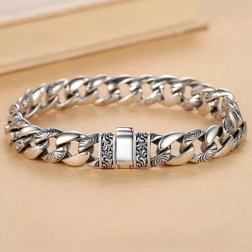 China-Chic Design Solid Tang Grass Pattern Cuban Bracelet Men's Vintage Style Valentine's Day Personalized Versatile Jewelry