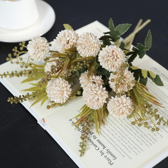 Konstgjord Blomboll 5 Huvuden Realistisk UV-beständig Falsk Krysantemumboll Bröllopsfest Inomhus Bordsdekoration Faux Maskrosdekoration