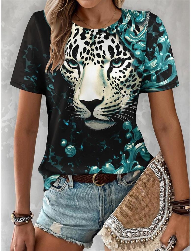 Sommer Damen Pendelshirt mit Löwenprint, Rundhalsausschnitt, kurzärmlig