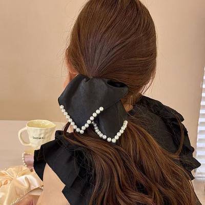 1pc French Elegant Pearl Handkerchief, Large Intestine Headband, Satin Temperament Hair Tie, Low Ponytail Hair Accessory