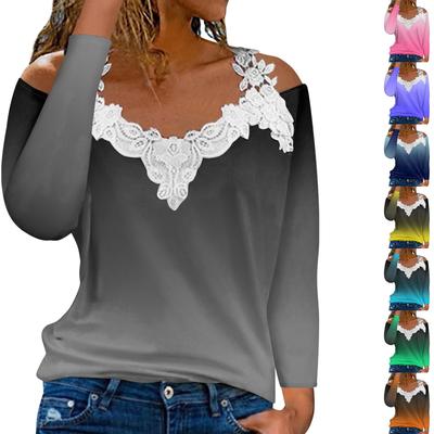 Fashionable Lace V-neck Pullover Long Sleeve Gradient Print Top  Casual T-shirt