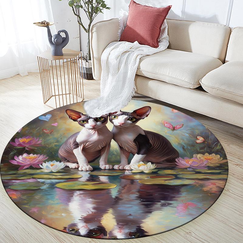 Sphynx Cat and Flowers pattern round rug,Carpet Rug for Living Room Bedroom Sofa Playroom Decor,Non-slip Floor Mat,Holiday Gifts and Birthday Gifts