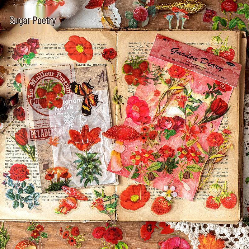 Retro Floral Journal Sticker Pack: Whisper To Flowers Series - 100 Sheets, 6 Designs