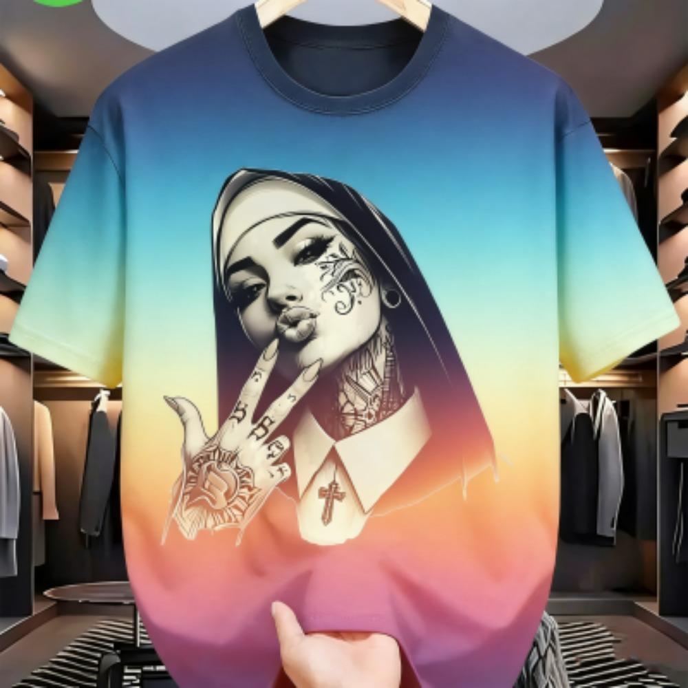 Sommer Mode Bunte Tätowierte Nonne Grafikdruck Damen T-Shirt Sommer Lässig Locker Kurze Ärmel Herren und Damen T-Shirts Oberteil