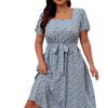 Rochie de vară florală pentru femei plinute, cu gât pătrat, mâneci scurte, cu centură, tiv A-line