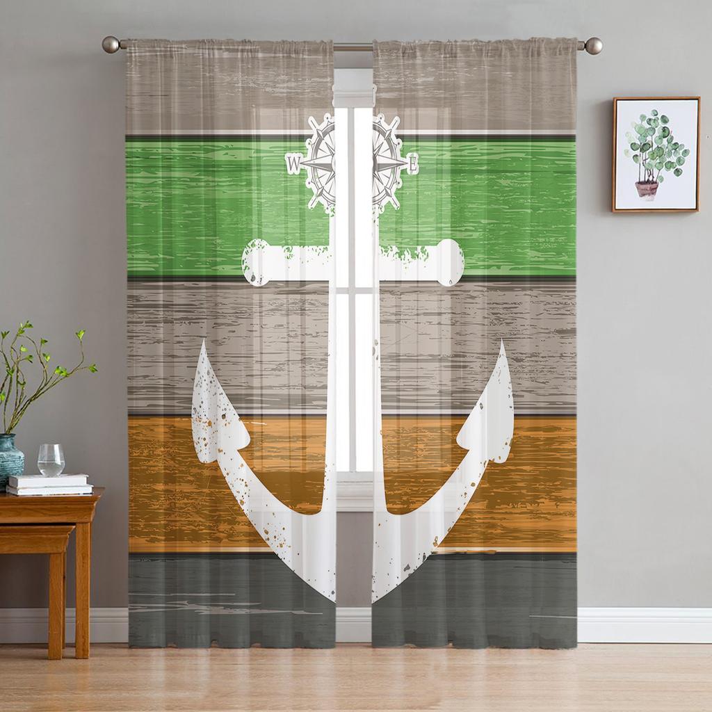 Vintage Farm Barn Wood Grain Boat Anchor Sheer Curtains for Living Room Modern Bedroom Voile Tulle Curtain Window Drapes