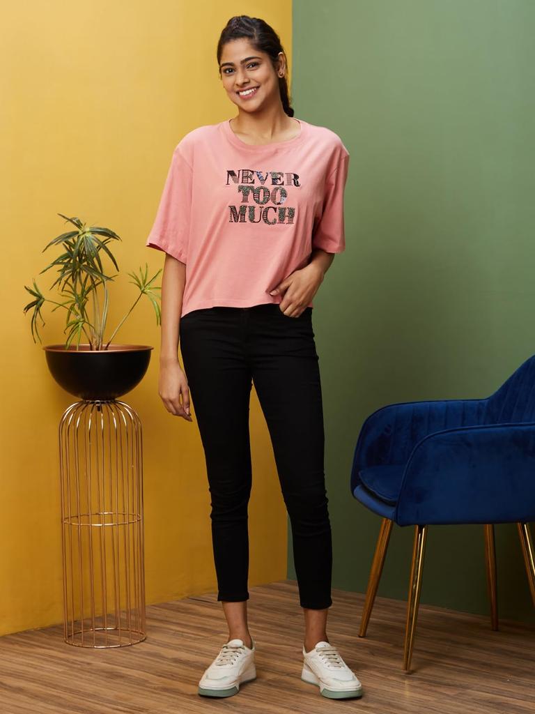 Globus Women Pink Boxy Fit Typography Cotton T-Shirt-3639407003