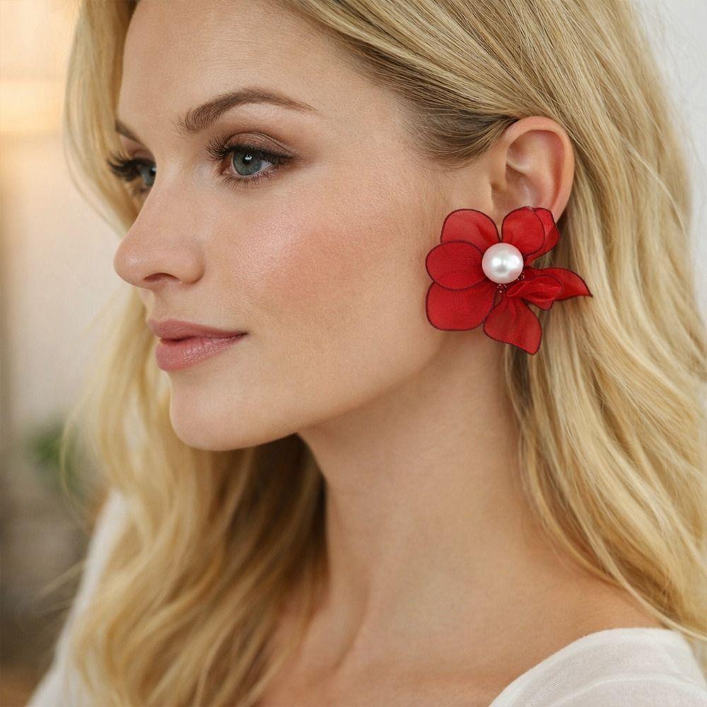 Mesh Petal Stud Earrings Fabric Women's Fashion Earrings Gifts Pearl Geometric Earring