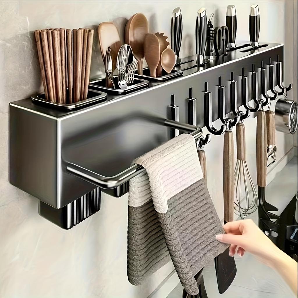 Stainless steel wall mounted tool holder without drilling, multifunctional kitchen storage rack with integrated chopstick cage.