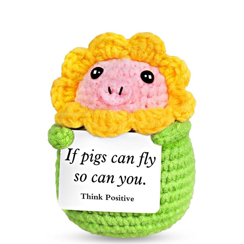 Funny Positive Crochet Pig Doll Desktop Ornament Handmade Cheer Emotional Support Positive Pig with Card Home Party Decoration