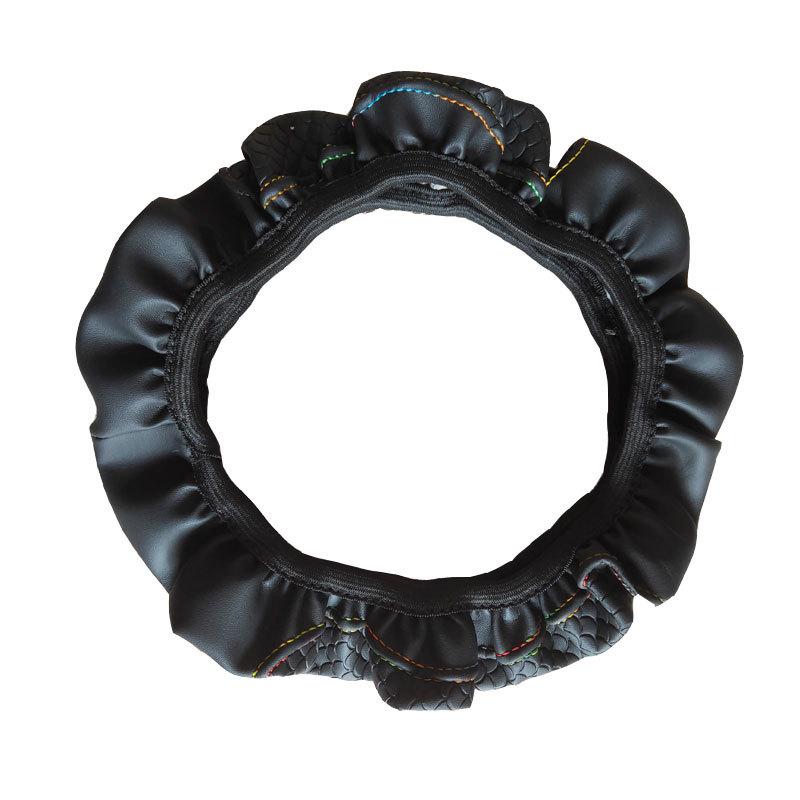 

Universal Elastic Car Steering Wheel Cover - Fiber Leather, Double Circle Design Black Leather Black Stitching