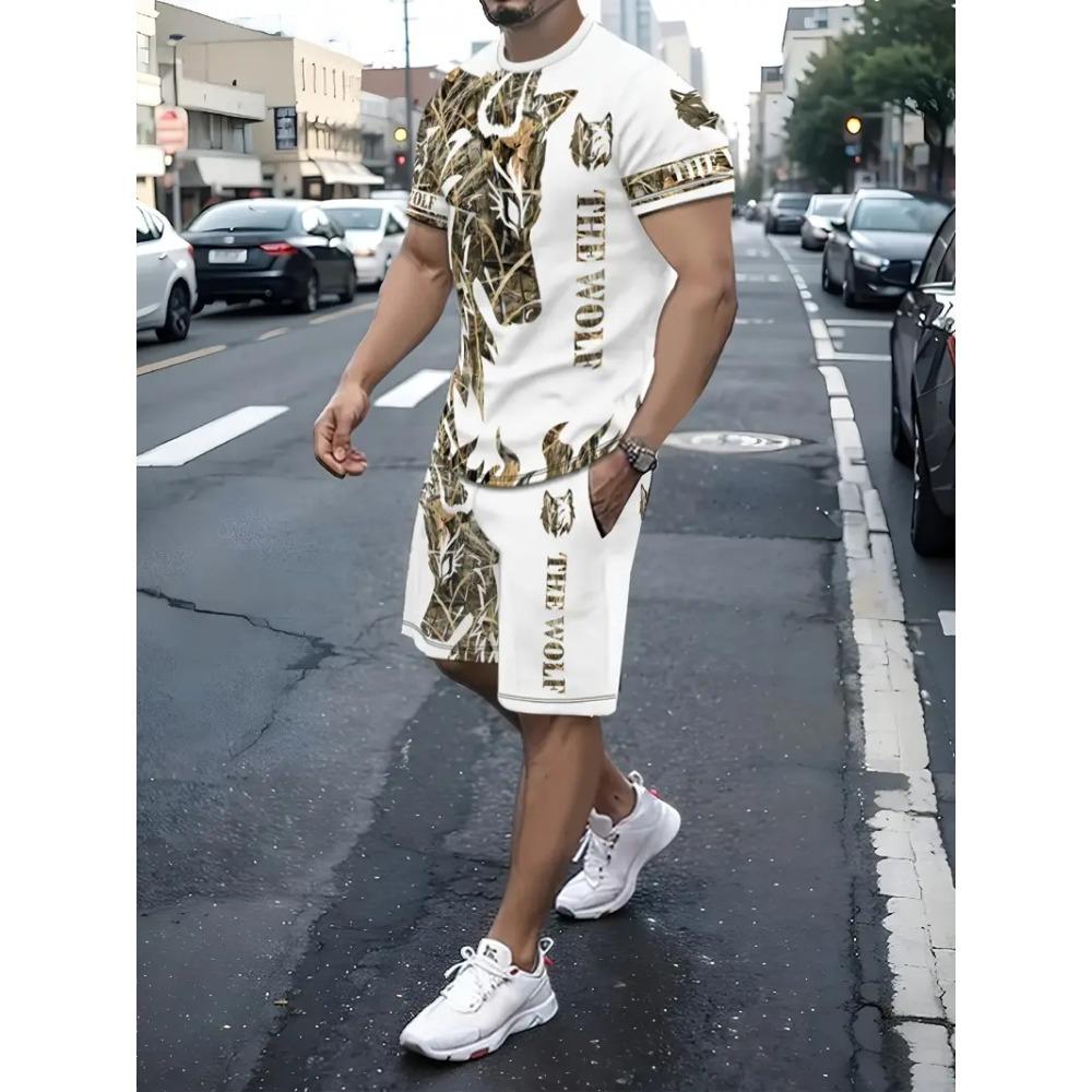 Funny 3D Cat Print Men's Sets Summer Casual O-neck Short Sleeve Tops Shorts 2 Piece Fashion Lion Pattern Suit T-Shirts Outfit