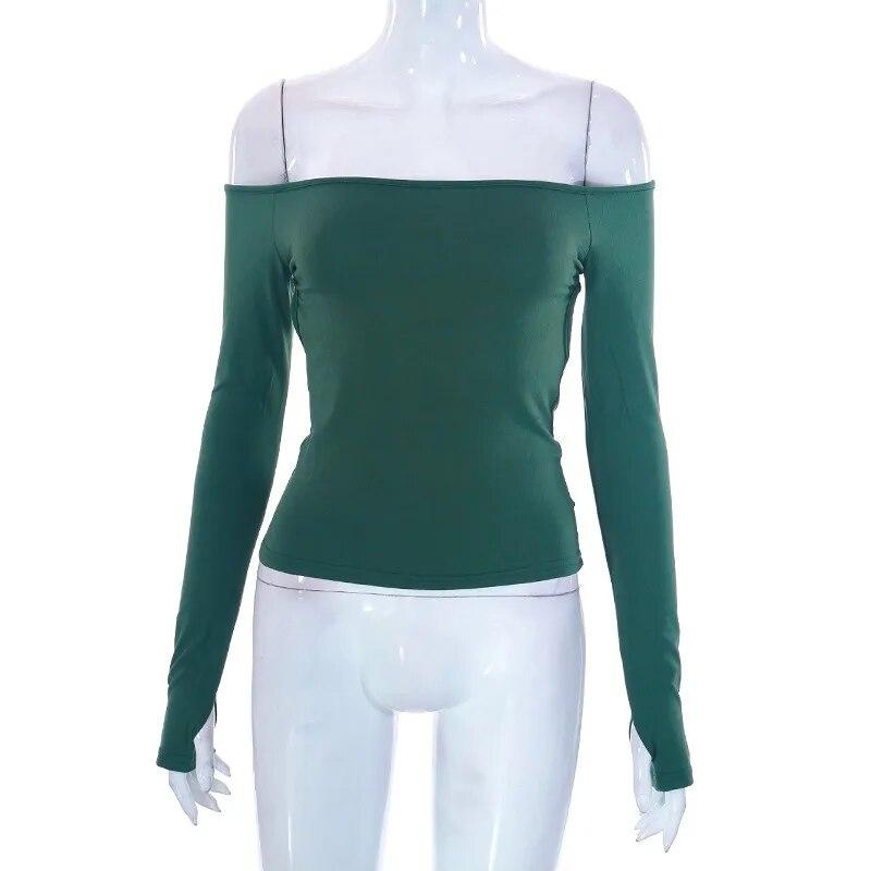 

2024 Модні однотонні футболки з косою шиєю, жіночі футболки з довгим рукавом, сексуальні короткі топи, тонкі футболки, елегантна повсякденна жіноча футболка 30612 L