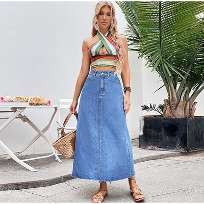 Kadın Retro Düğmeli Maksi Etekler Yüksek Bel Bol Düz Kesim Denim Etek Kadın Sokak Giyim Günlük Uzun Mavi Kot Etek