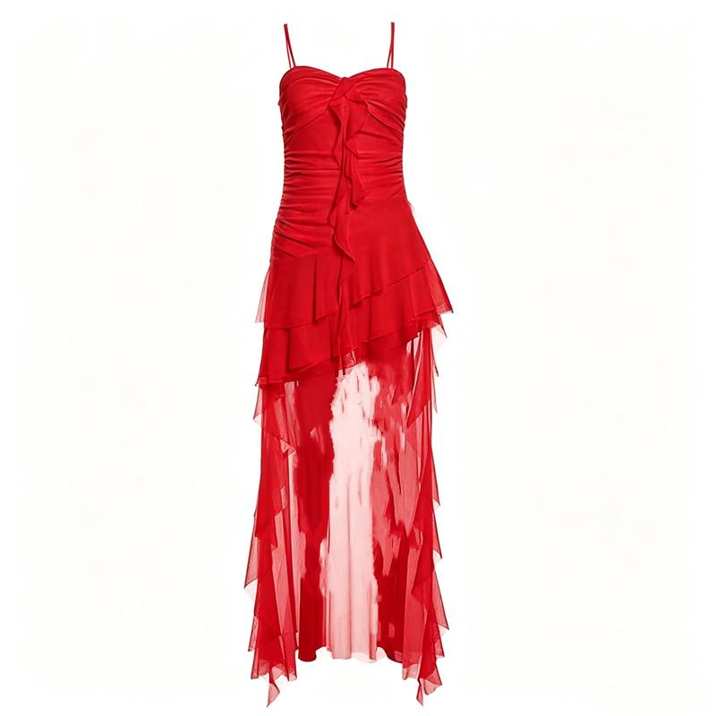 Pure desire wind lotus leaf edge suspender dress women's summer new slim high waist front short rear long irregular dress skirt