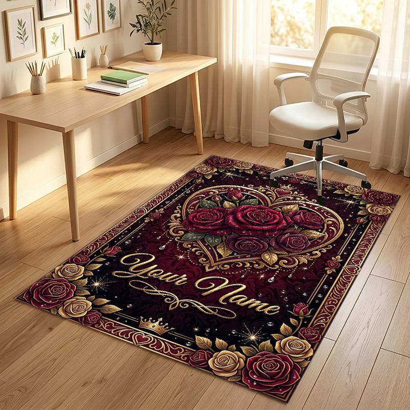 Elegant Roses Heart Theme Soft Crystal Velvet Rug Custom Name & Text Print Non Slip Floor Rug for Bedroom Living Room