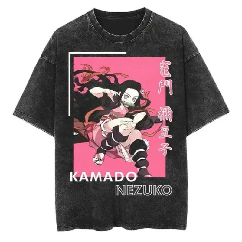 2026 Hot Oversized Demon Slayer T-Shirt Men Women Short Sleeve Tee Anime Print Washed Streetwear Summer Casual Tops Y2k Clothes