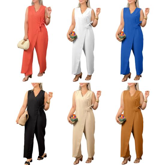 Summer Jumpsuit Sleeveless V Neck Lace-up High Waist Plus Size Wide Leg Pure Color Asymmetric Casual Jumpsuit for Parties Dates