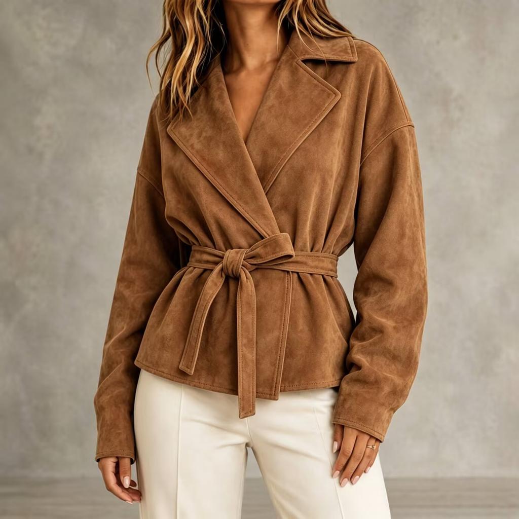 Giacca da Donna in Ecopelle con Collo a Revers e Cintura in Vita per Uso Quotidiano Casual