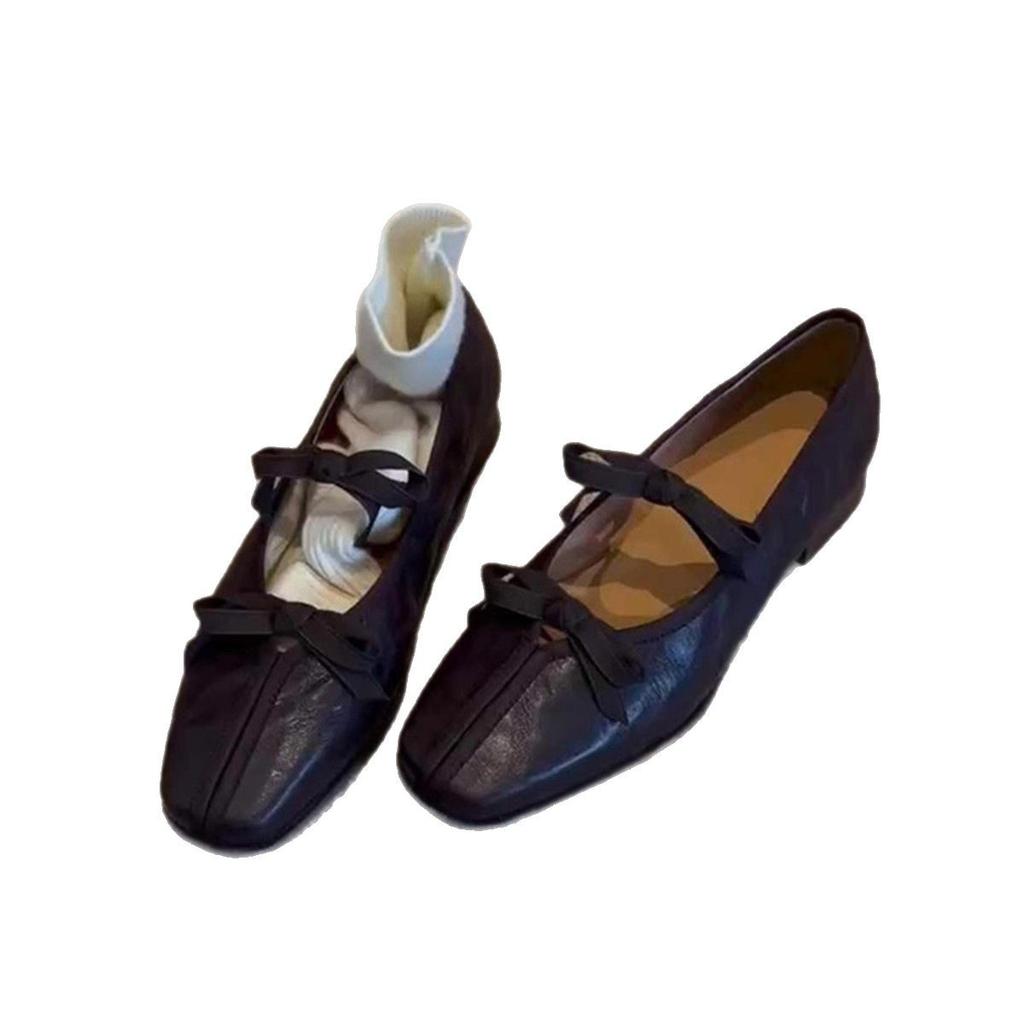 French Square Head Retro Bow Mary Jane Shoes Women's 2025 Spring New Shallow Mouth One Pedal Ballet Shoes
