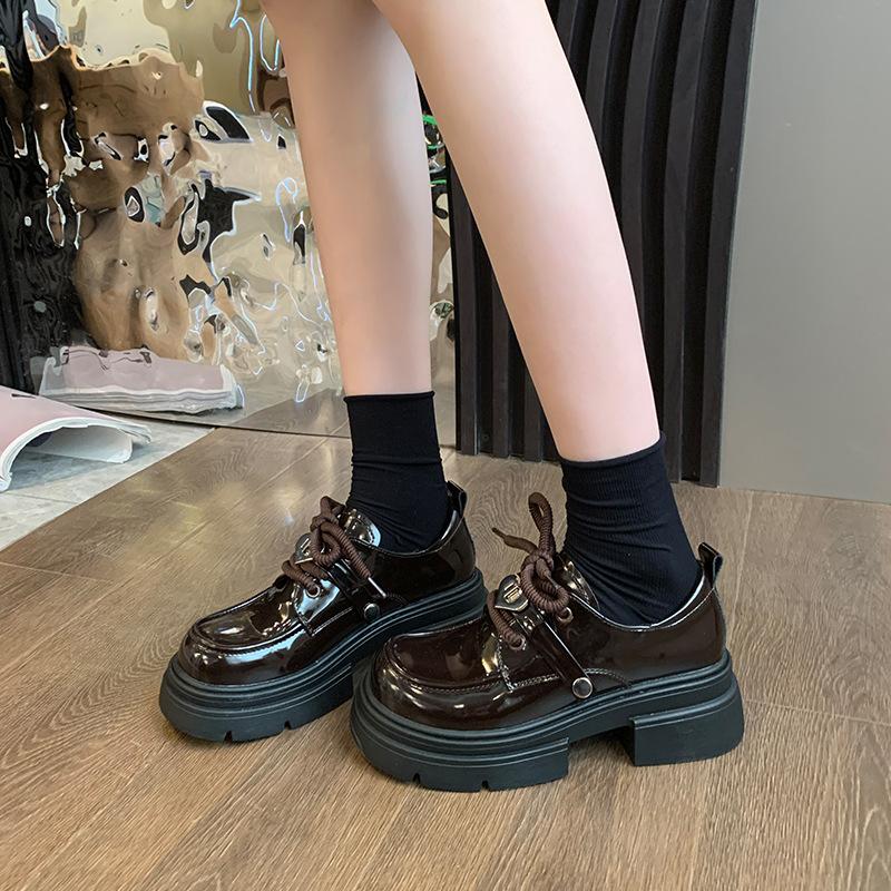 Small Leather Shoes Women's New Spring and Autumn Style Bow Retro British Style Platform Height Increase Mary Jane Loafers