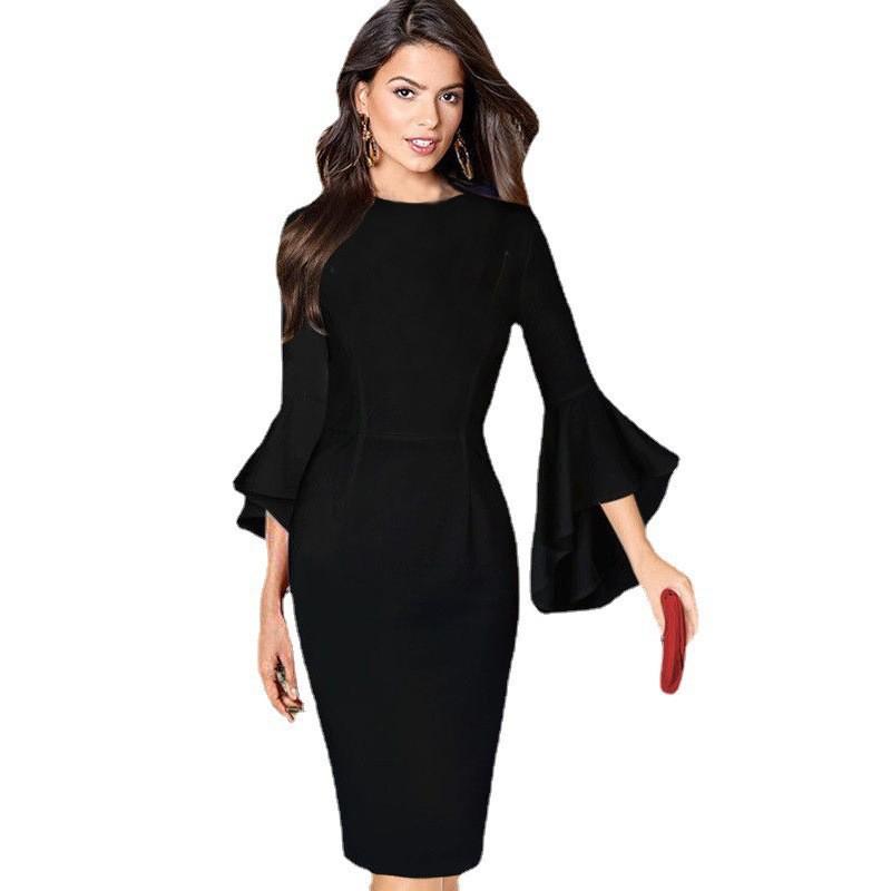 European and American Spring and Autumn New Dress Dress Sexy Slim Lotus Leaf Sleeve Hip Dress