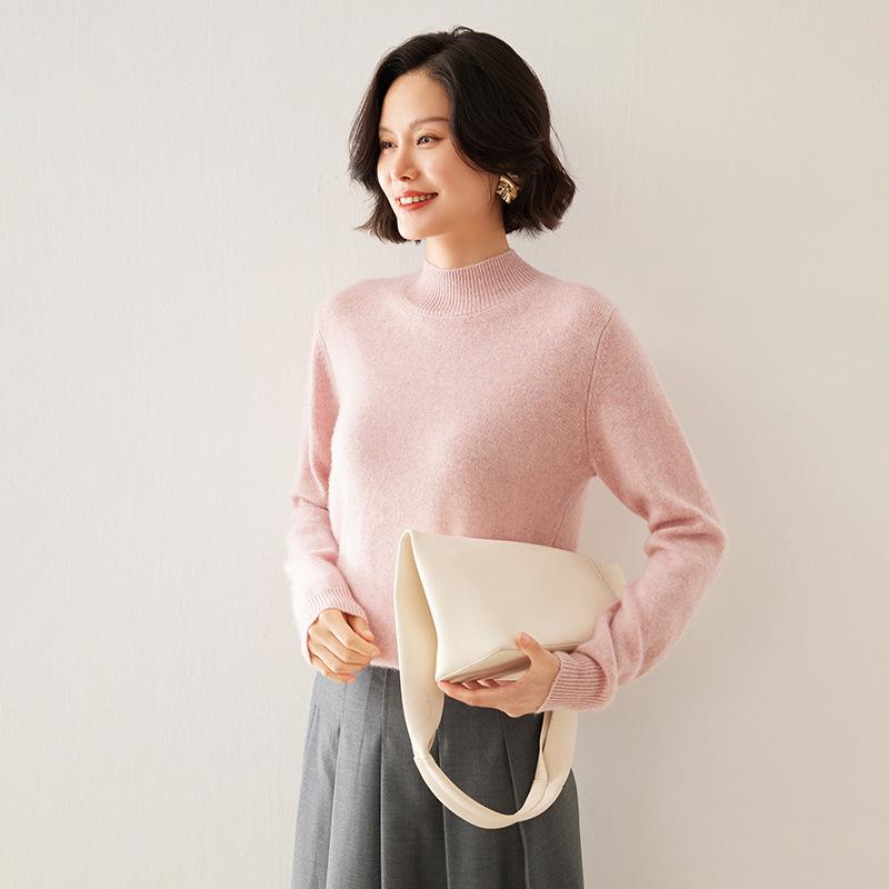 Women's Classic Cashmere Sweater - Autumn/Winter Style, Seven-Stitch Half-High Collar, Regular Shoulder, Long Sleeve, Solid Color, Commuter-Friendly.