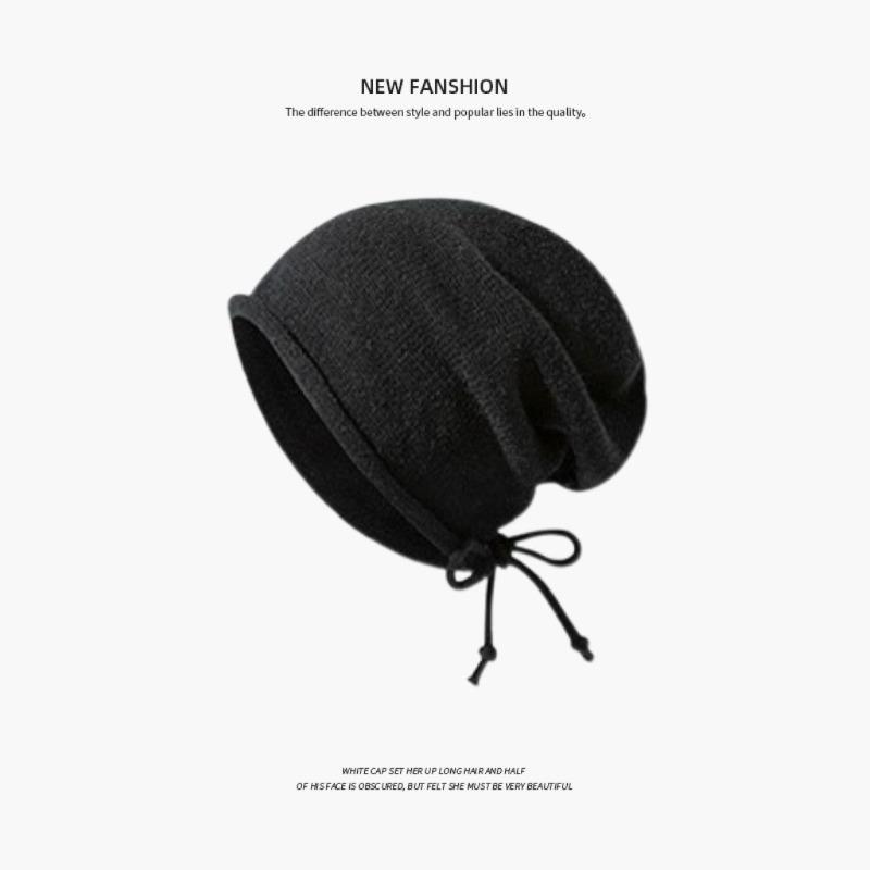 Autumn and Winter New Women's Heap Big Head Circumference Ear Protection Drawstring Hat Headgear Versatile Warm and Cold-proof Knitted Hat