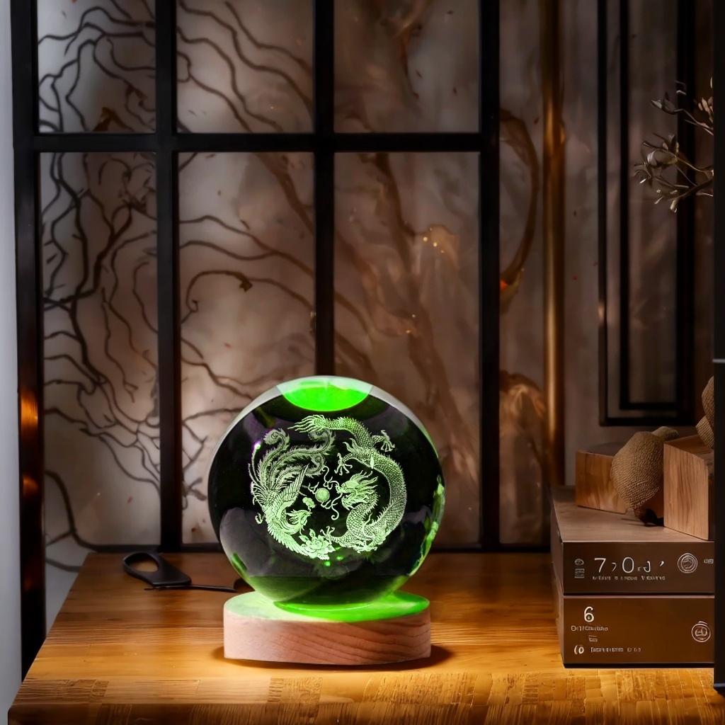1pc 3D Laser Engraving Dragon Phoenix Auspicious Crystal Ball Night Light Modern Polished Glass Decoration Christmas H