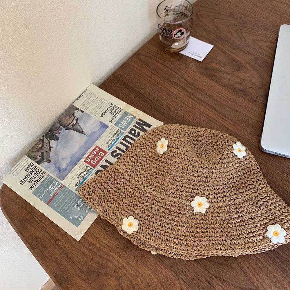 Flower Design Straw Fisherman Hat Women's Summer Braided Straw Hat Holiday Beach Breathable Sunshade Panama Hat New Sun Cap 2025