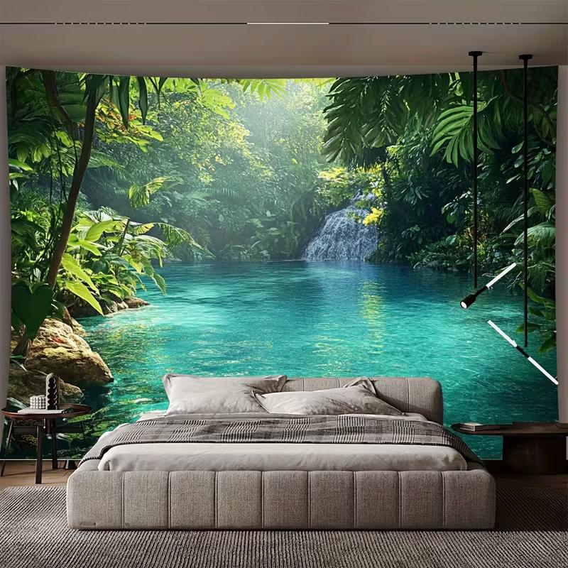 2D Lush Rainforest Waterfall Wall Tapestry Tropical Nature Background Cloth for Home