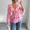 Women's Mesh Red Rose Print V-neck Top Bell Sleeves Bow Tie Waist Short Women's Clothing