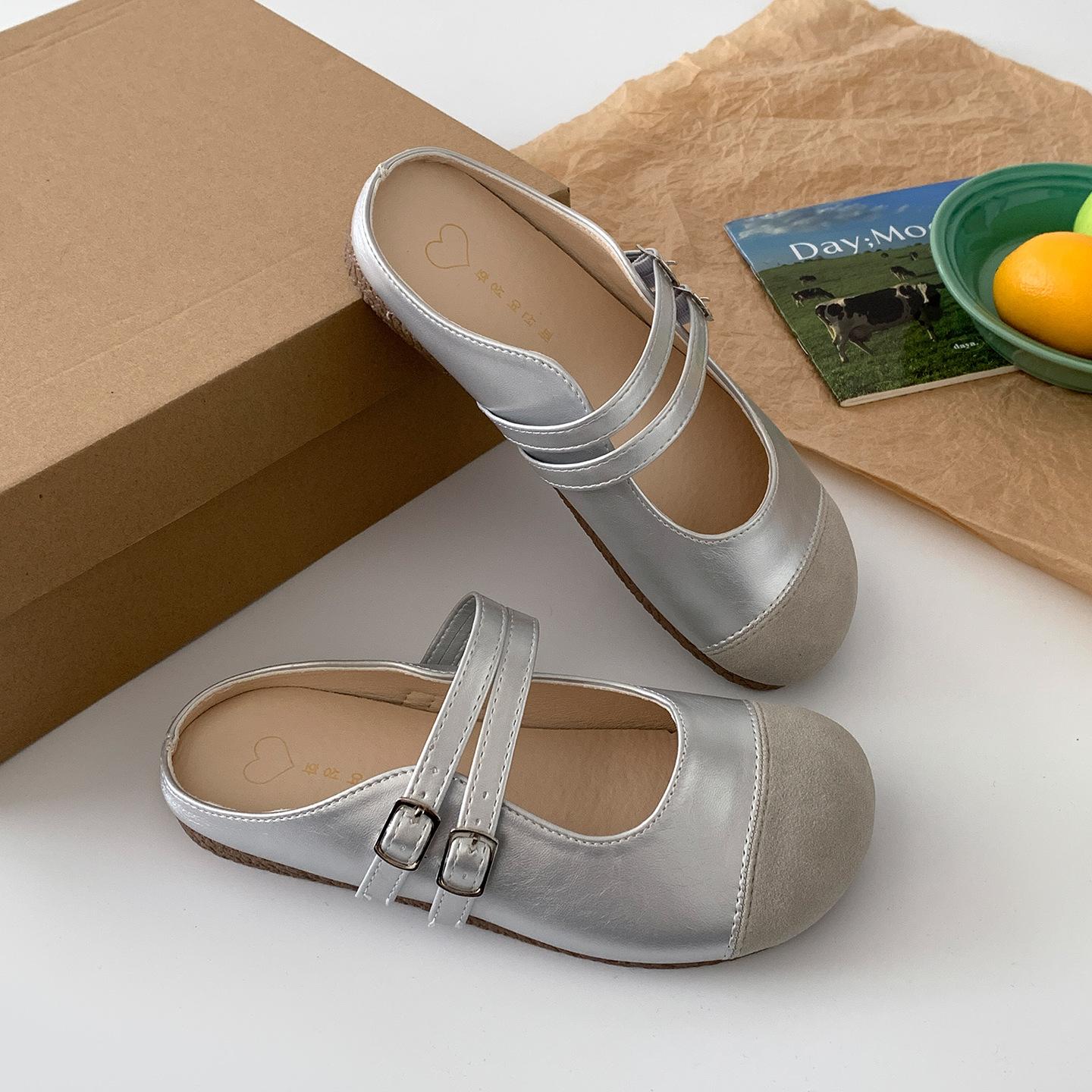 

Popular silver high-end flat-bottomed bag head slippers for women s summer wear 2025 new retro with skirt French sandals 40 серебряный