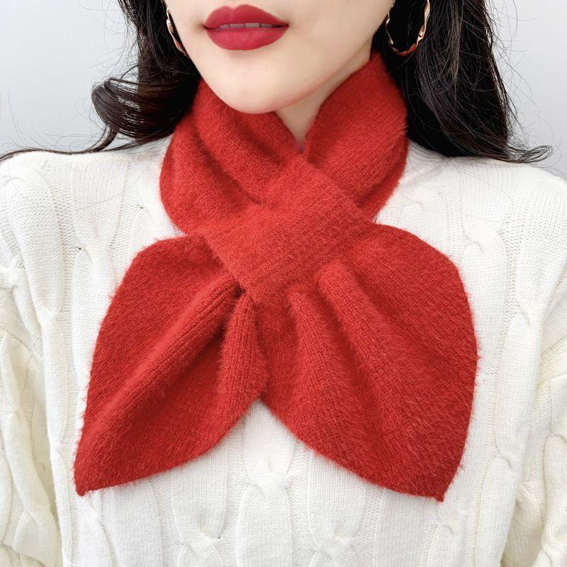 Korean Thick Faux Mink Velvet Knit Diamond Neck Guard Shawl Winter Cross Plush Scarf Women Fake Collar Pullover Warm Scarve T51