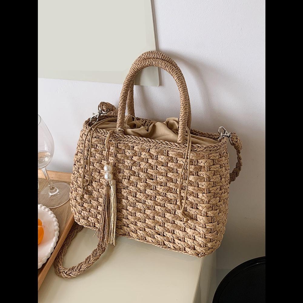 

Vacation Casual Woven Fringe Drawstring Tote Bag, Fashion Summer Vacation Bag, Beach Essentials Women Bags For Vacation & Holiday one-size хаки