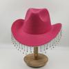 Women Rhinestone Tassel Decor Wide Brim White Fedora Hat For Party Cap Handmade Rhinestone Fringe Cowgirl Hat  Wholesale
