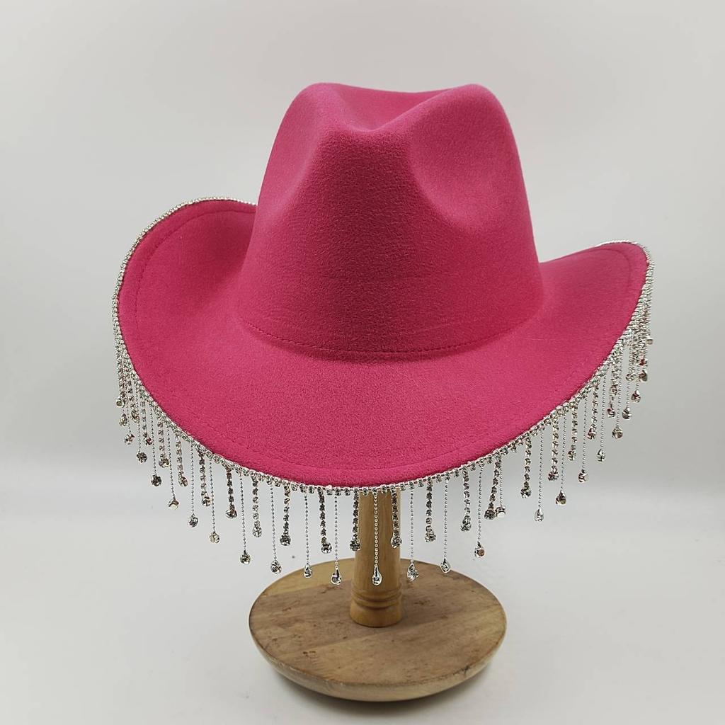 Women Rhinestone Tassel Decor Wide Brim White Fedora Hat For Party Cap Handmade Rhinestone Fringe Cowgirl Hat Wholesale