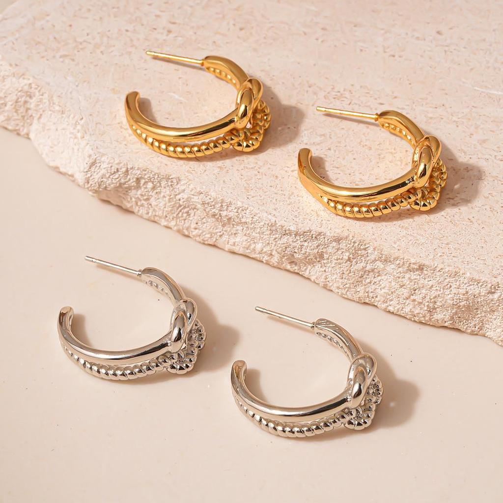 European & American Stainless Steel Knotted C-shaped Stud Earrings - Simple & Versatile Fashion Jewelry.
