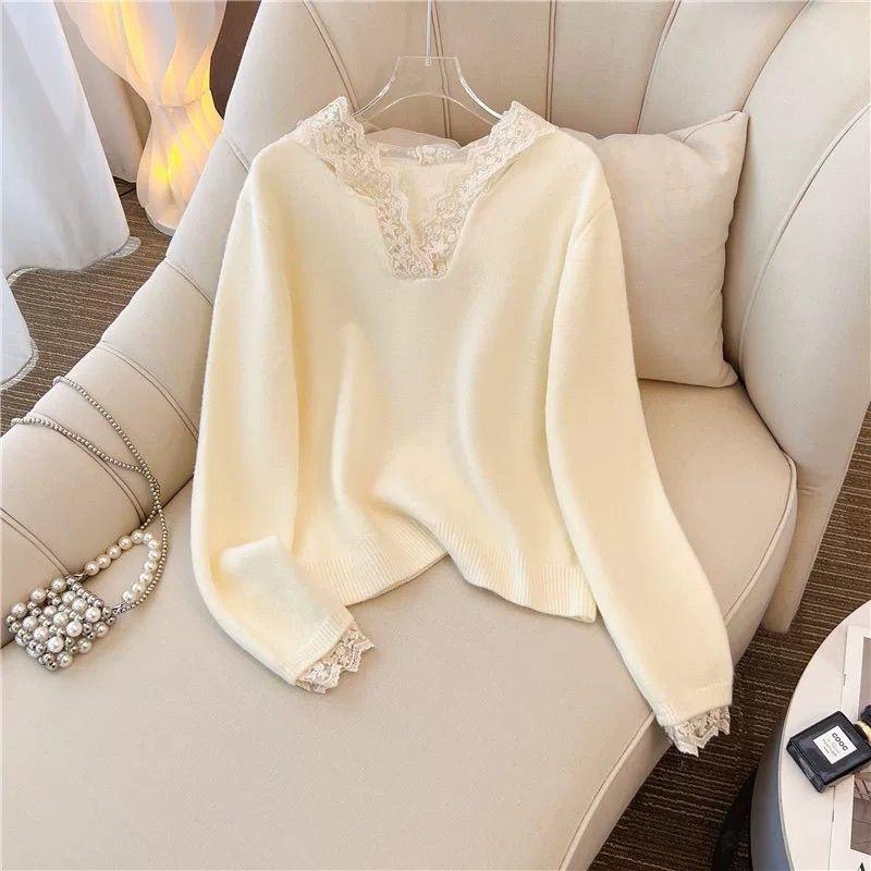 Lace Hooded Women's Knitted Sweaters Korean Loose V-neck Female Knitted Sweater Autumn Fashion Gentle Ladies Hoodie